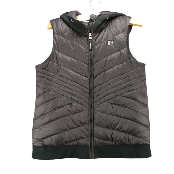 Tommy Hilfiger Womens Full Zip Hooded Down Puffer Vest M Black Zipped Pockets - Picture 1 of 15
